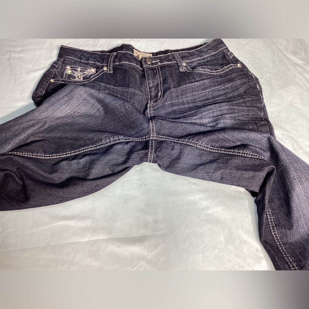 Earl Jean Rhinestone Straight Leg Mid Rise Dark Wash Jeans Size 12 - Picture 9 of 10